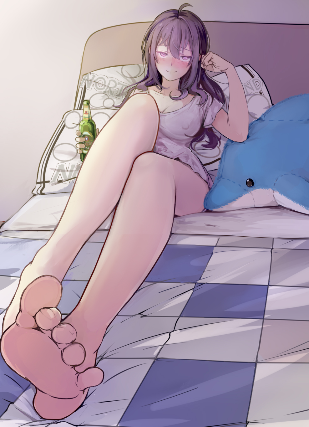 1girl, ahoge, barefoot, bed, beer_bottle, beifeng_han, blush, breasts, cleavage, erect_nipples, feet, foreshortening, highres, large_breasts, long_hair, looking_at_viewer, miyaura_sanshio, original, pillow, sitting, smile, soles, solo, stuffed_animal, stuffed_dolphin, stuffed_toy, toes
