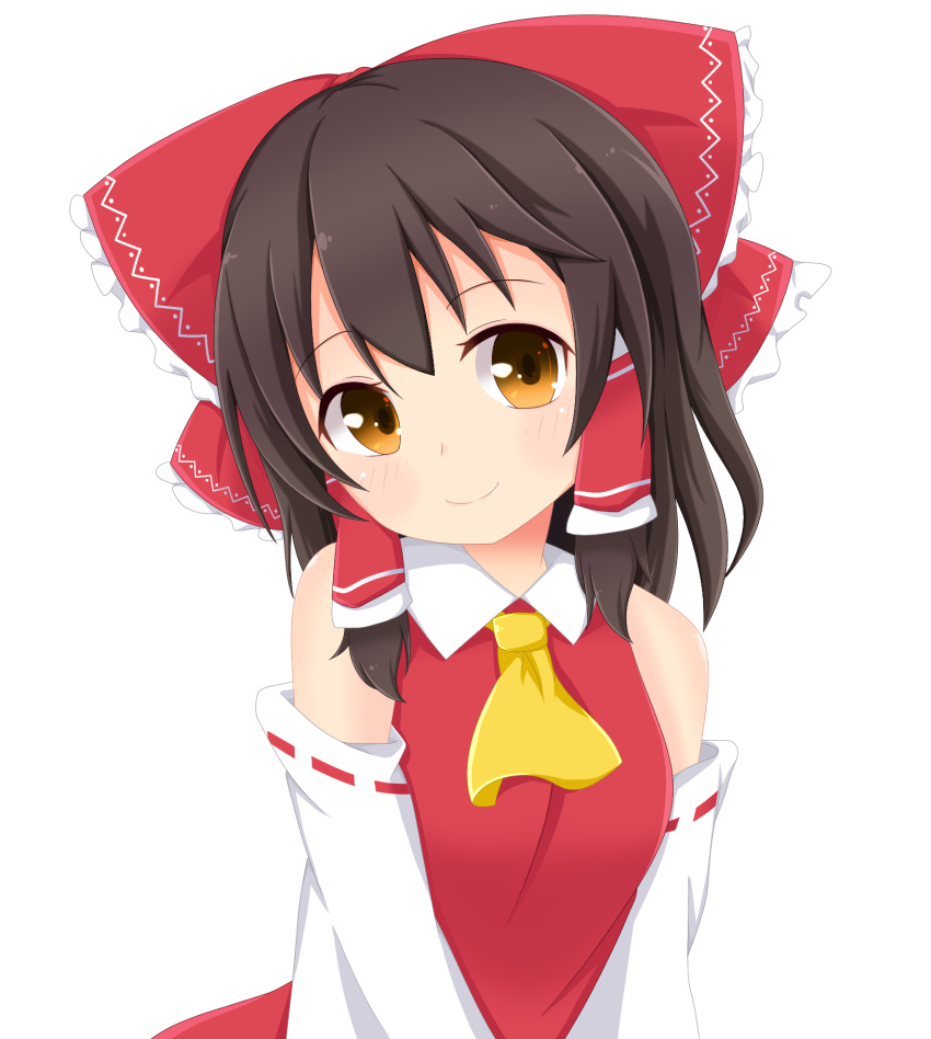1girl, arm_support, bare_shoulders, blush, bow, breasts, brown_eyes, brown_hair