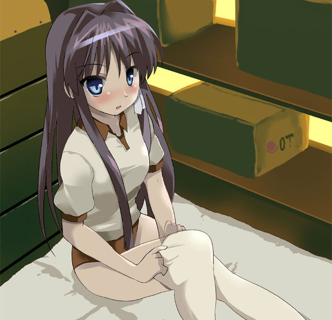 blue_eyes, buruma, clannad, dressing, fujibayashi_kyou, gym_uniform, long_hair, purple_hair, shigen, thigh-highs, thighhighs