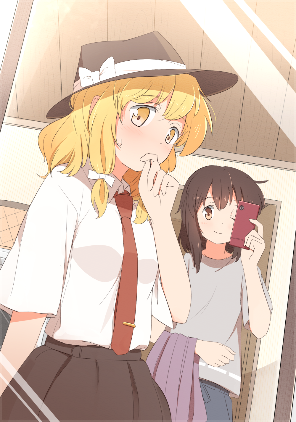2girls, ;), bangs, black_hat, blonde_hair, blush, bow, brown_eyes