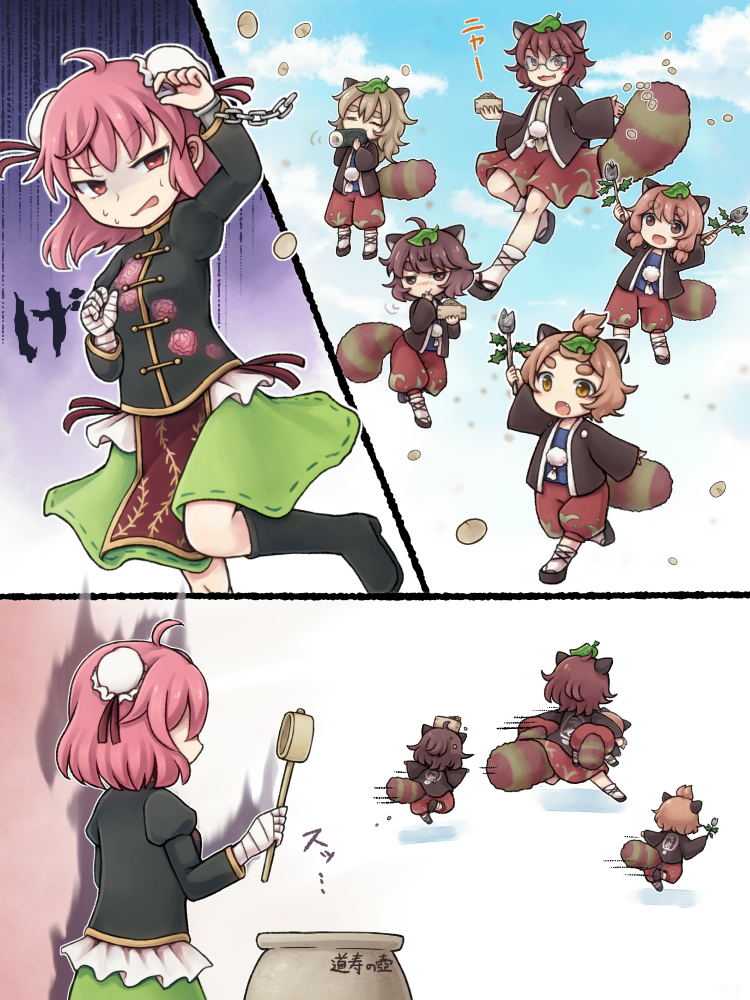 6+girls, animal_ears, beans, black_shirt, blush, brown_hair, brown_shorts, closed_eyes