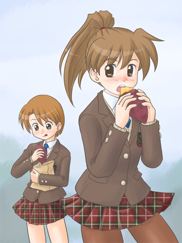 blush, brown_eyes, brown_hair, eating, food, lielos, lielos'_ponytailed_girl, lowres
