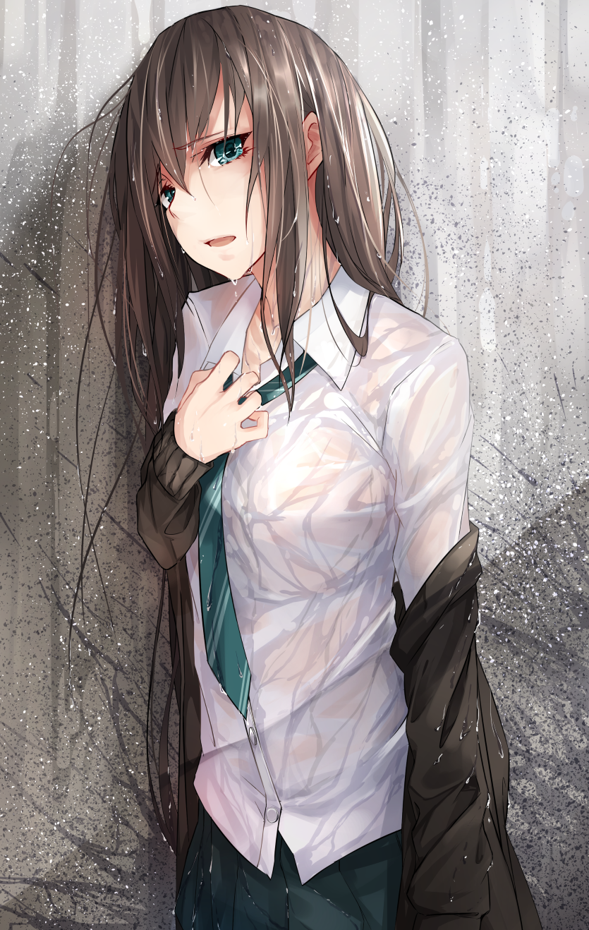 1girl, against_wall, aqua_eyes, aqua_skirt, brown_hair, green_necktie, highres, idolmaster