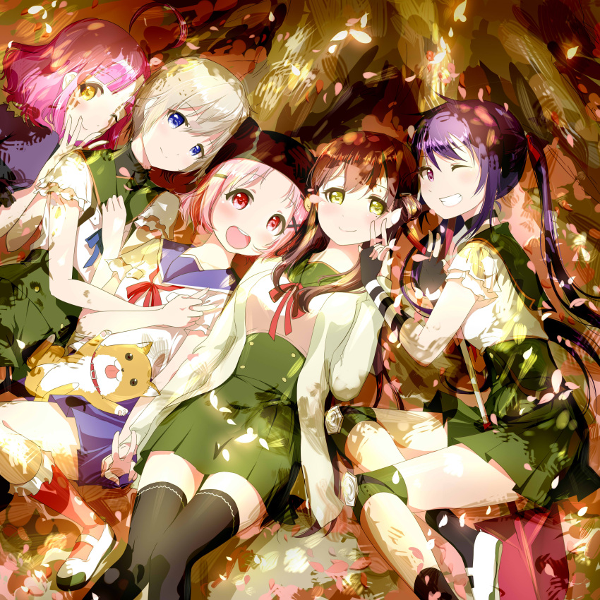 5girls, :d, ;), ;d, absurdres, ahoge, animal_hood, black_gloves