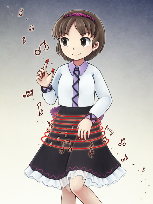 1girl, beamed_semiquavers, black_skirt, brown_eyes, brown_hair, crotchet_rest, frilled_skirt, frills