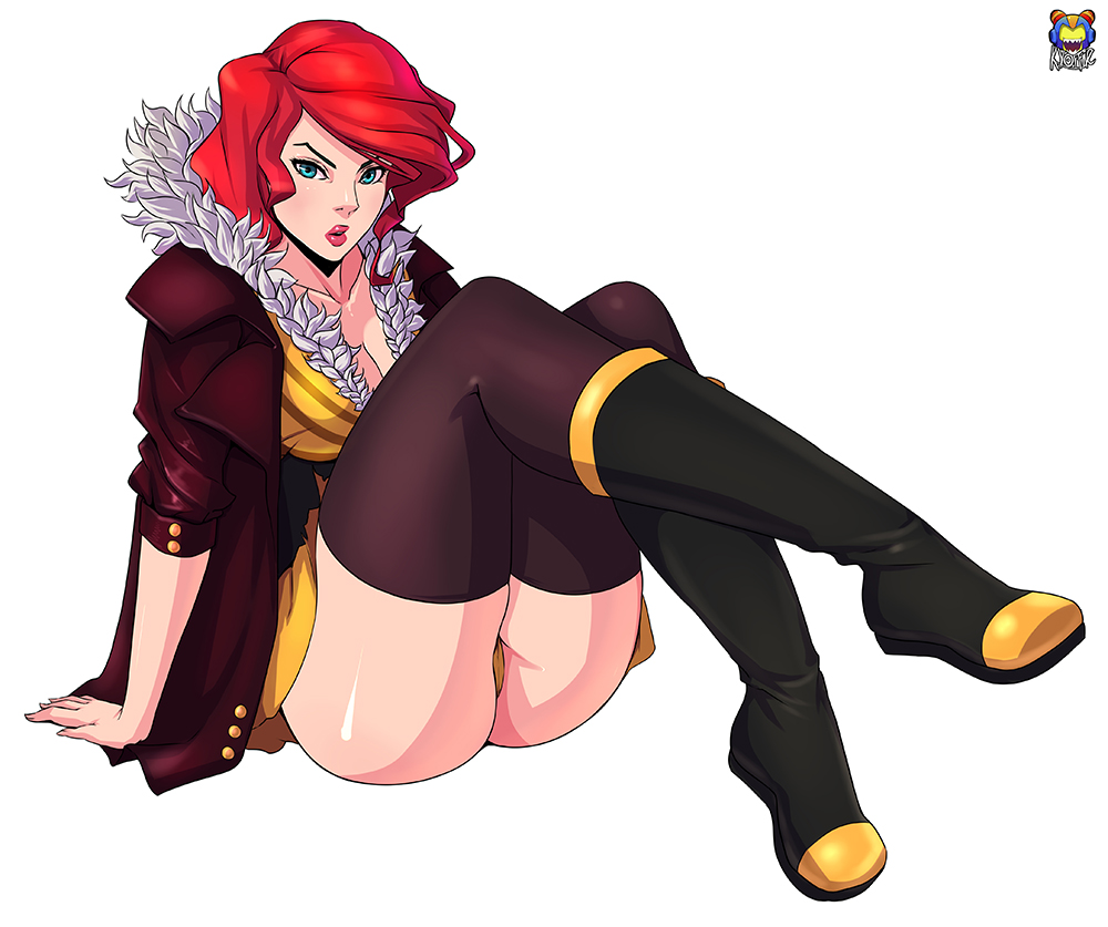 1girl, ass, blue_eyes, kyoffie12, legs_crossed, lips, looking_at_viewer, red_(transistor)