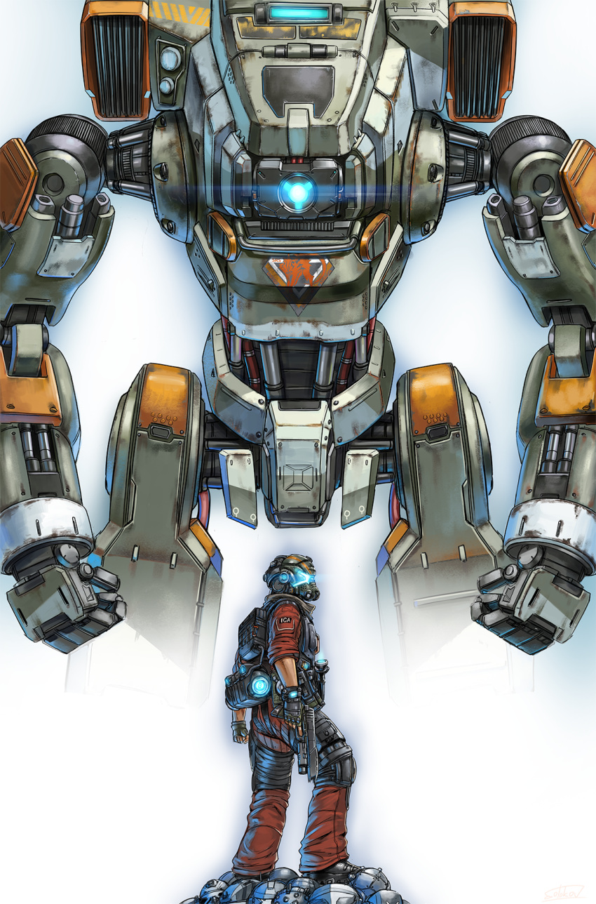1boy, armor, backpack, bag, bt-7274, derivative_work, glowing, gun