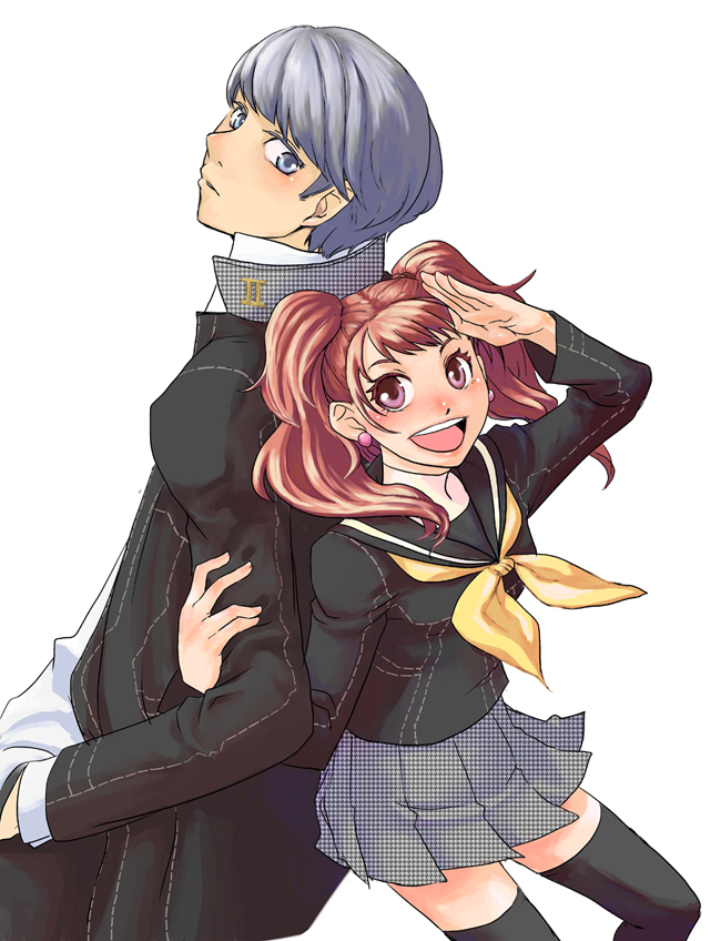 kujikawa_rise, narukami_yuu, persona, persona_4, salute, school_uniform, seta_souji, smile