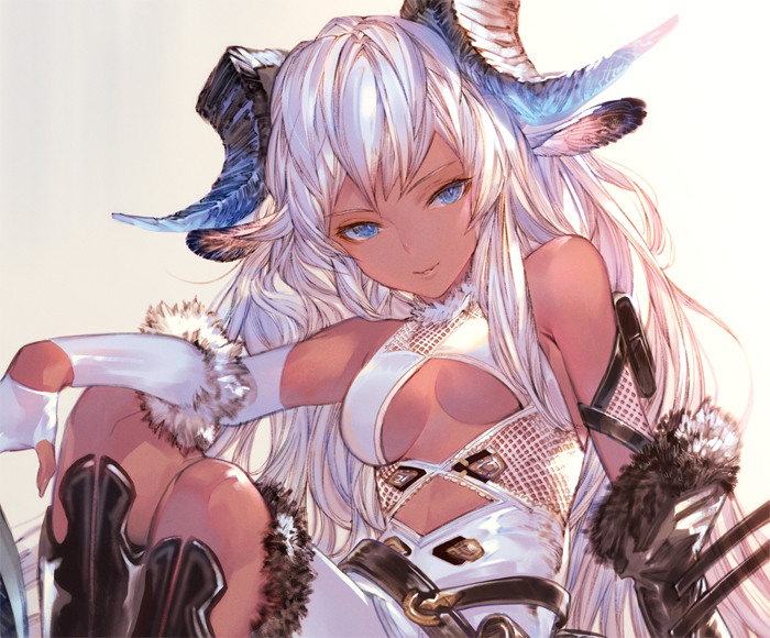 1girl, animal_ears, bare_shoulders, blue_eyes, breasts, dark_skin, detached_sleeves, fingerless_gloves