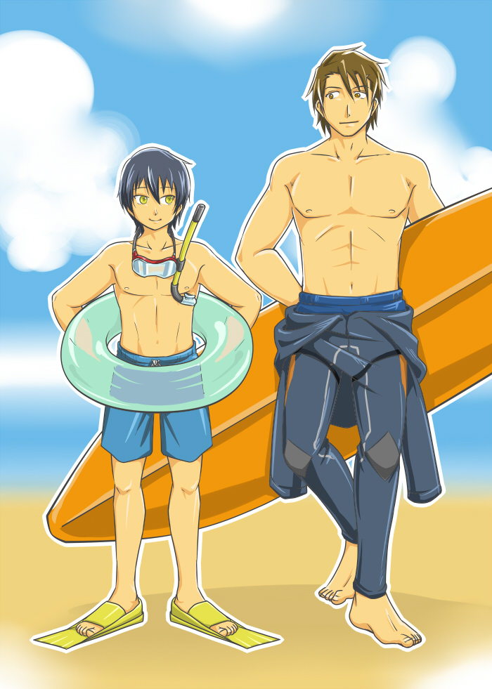 2boys, alvin_(tales), black_hair, brown_eyes, brown_hair, flippers, floatie, goggles