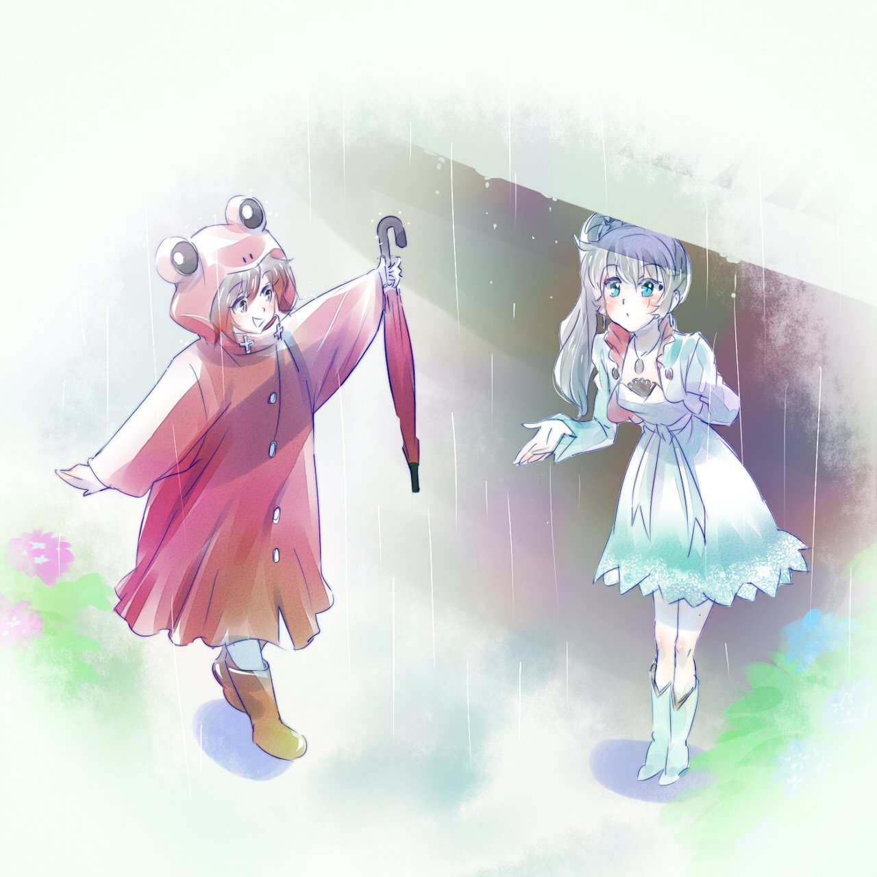 2girls, blue_eyes, boots, check_commentary, commentary_request, frog_raincoat, grey_eyes, highres