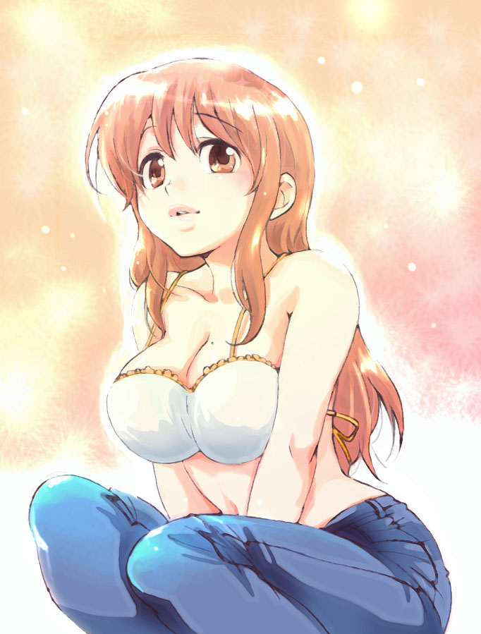 bad_id, breasts, cika, cleavage, jeans, large_breasts, lips, long_hair, midriff, mole, mole_on_breast, suzumiya_haruhi_no_yuuutsu