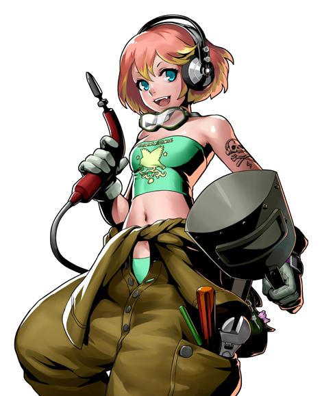 1girl, gloves, goggles, goggles_around_neck, headphones, jumpsuit, jumpsuit_pull, metal_slug
