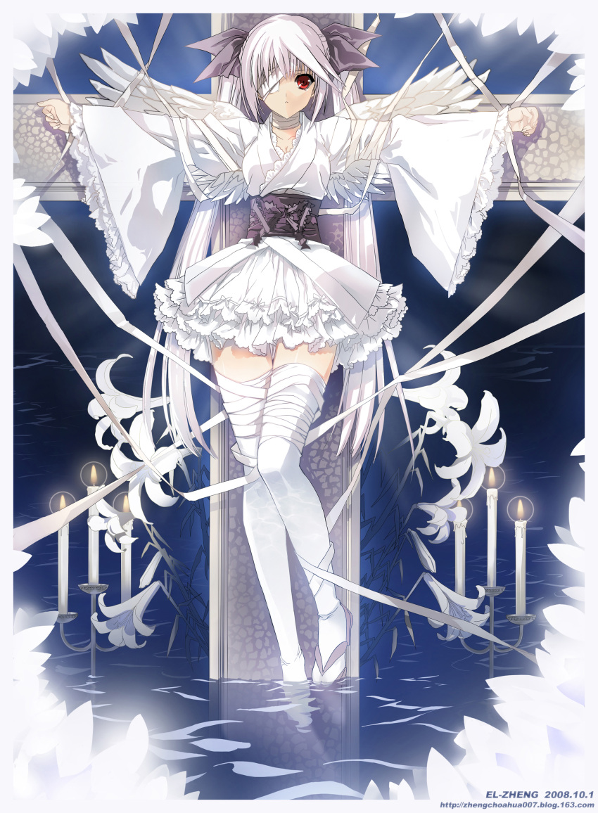 angel, bad_id, bandage, bandage_over_one_eye, bandages, bow, candle, cross, crucifixion, derivative_work, el-zheng, eyepatch, flower, geta, hair_bow, highres, lily_(flower), lolita_fashion, long_hair, obi, original, petticoat, plagiarism, red_eyes, reflection, thigh-highs, thighhighs, very_long_hair, wa_lolita, water, white_hair, white_legwear, wings