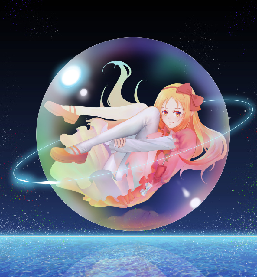 1girl, absurdres, blonde_hair, blush, bow, brown_eyes, closed_mouth, dress, eromanga_sensei, floating_hair, frilled_sleeves, frills, from_side, full_body, hairband, highres, leg_hug, long_hair, mary_janes, orb, pink_dress, pink_shoes, pos2457564744, puffy_short_sleeves, puffy_sleeves, red_bow, reflection, shoes, short_sleeves, smile, solo, very_long_hair, water, white_bow, white_legwear, yamada_elf