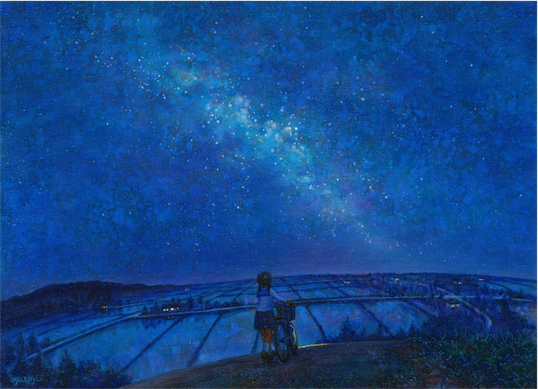 1girl, bicycle, bicycle_basket, black_hair, fisheye, from_behind, full_body, ground_vehicle