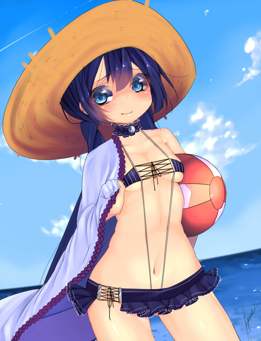 1girl, ball, beachball, bikini, black_choker, black_hair, black_skirt, blue_eyes