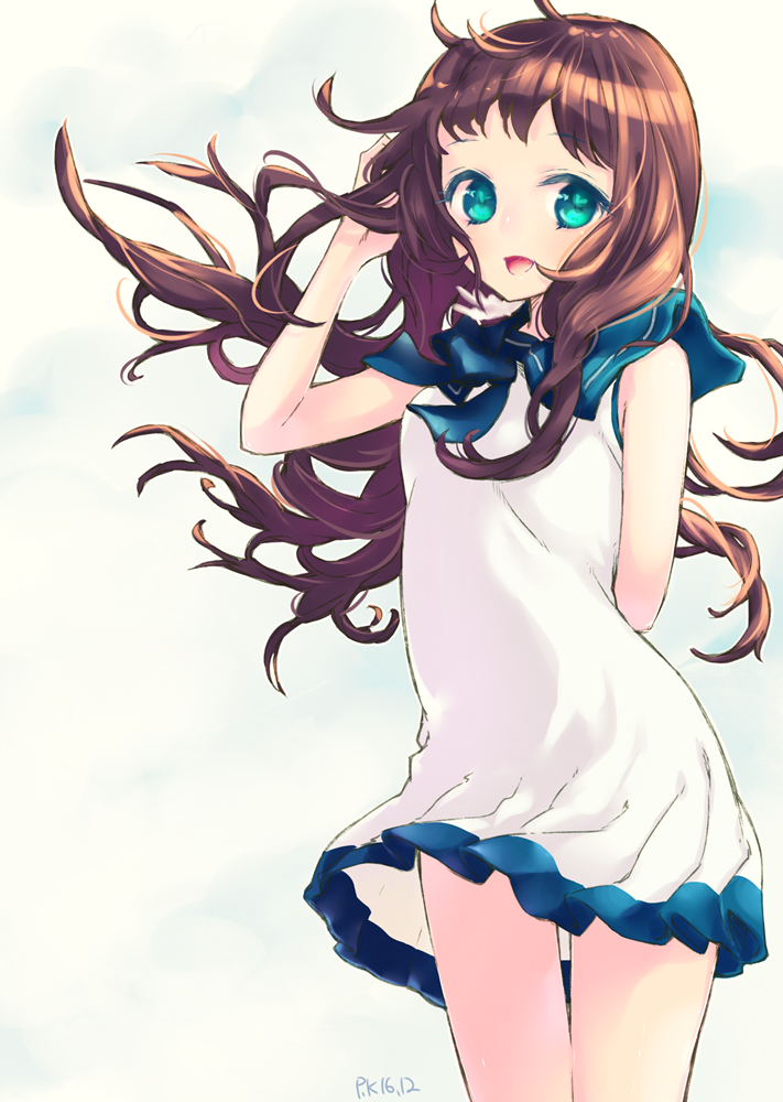 1girl, arm_behind_back, bare_shoulders, brown_hair, dress, green_eyes, hair_tucking, long_hair