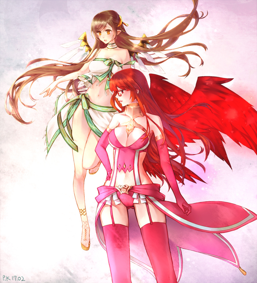 2girls, bandeau, bangs, bare_shoulders, between_breasts, breasts, brown_hair, bustier