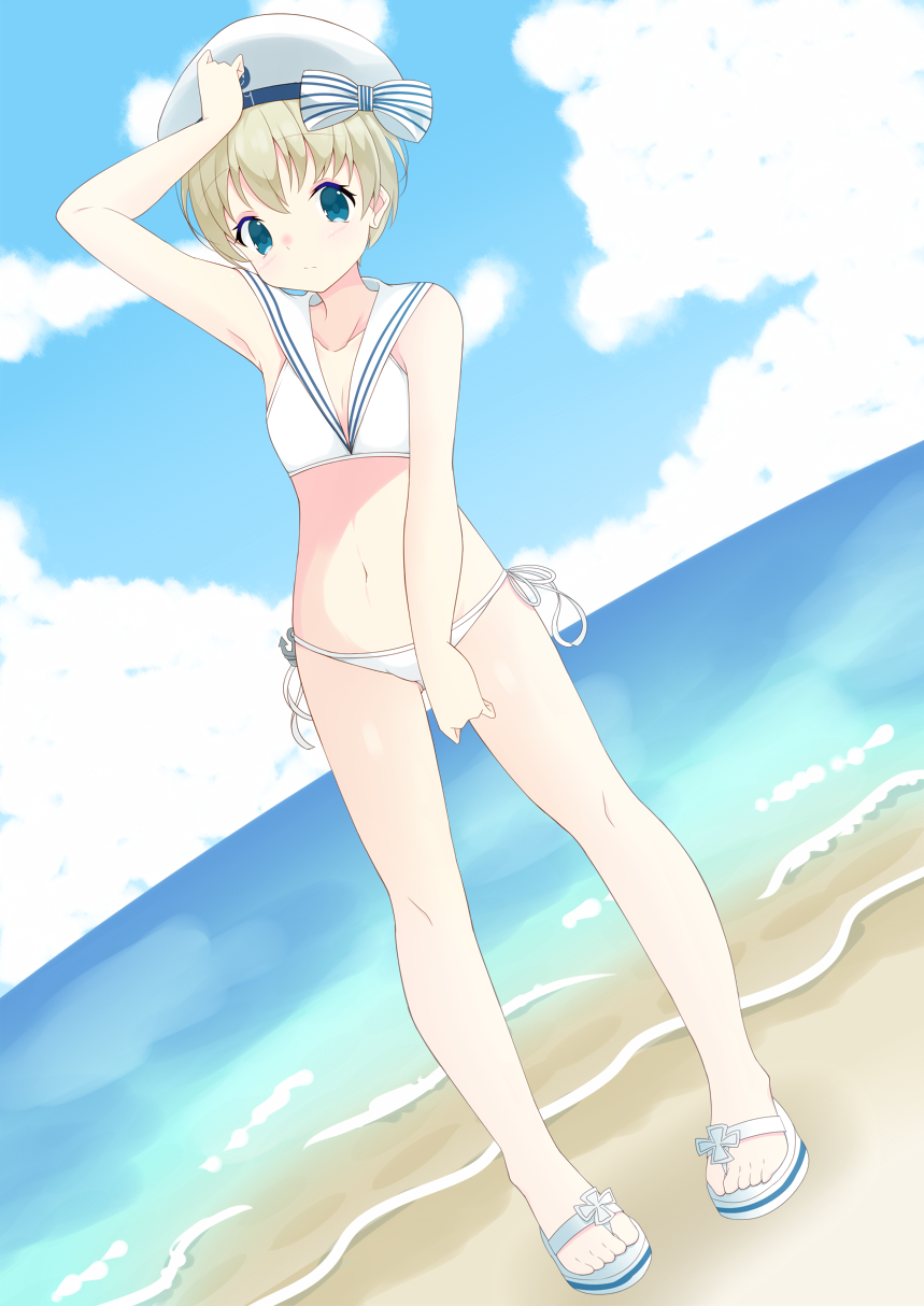 10s, 1girl, azu_a, beach, bikini, blue_eyes, clothes_writing, clouds