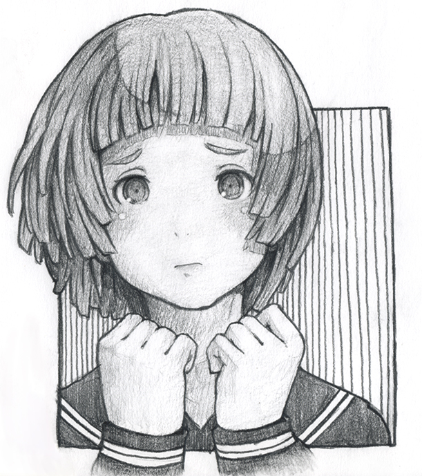 face, graphite_(medium), hands, mars_(artist), monochrome, original, pencil_sketch, school_uniform