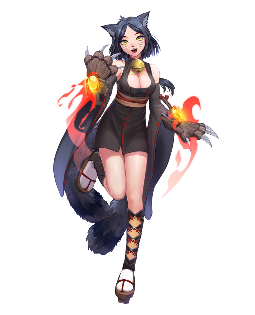1girl, animal_ears, black_hair, blush, breasts, cat_ears, cat_paws, character_request, cleavage, full_body, highres, hoodp, large_breasts, looking_at_viewer, onmyoji, open_mouth, paws, sandals, short_hair, smile, solo, teeth, yellow_eyes