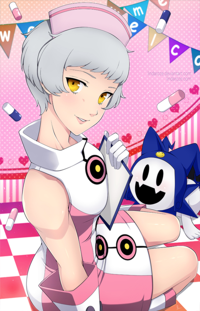 1girl, alina_pegova, alternate_costume, bare_shoulders, boots, checkered, checkered_floor, clipboard