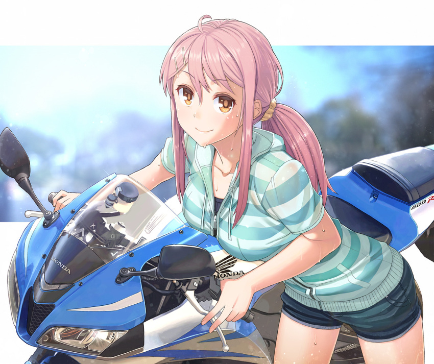 1girl, bangs, blush, breasts, brown_eyes, closed_mouth, denim, denim_shorts, eyebrows_visible_through_hair, ground_vehicle, hair_between_eyes, hair_ornament, hair_scrunchie, hairclip, honda_cbr600rr, hood, hoodie, itou_(onsoku_tassha), leaning_forward, long_hair, looking_at_viewer, medium_breasts, motor_vehicle, motorcycle, original, pink_hair, ponytail, purple_hair, scrunchie, short_shorts, shorts, sidelocks, smile, solo, striped_hoodie, sweat, sweating, tsurime, zipper