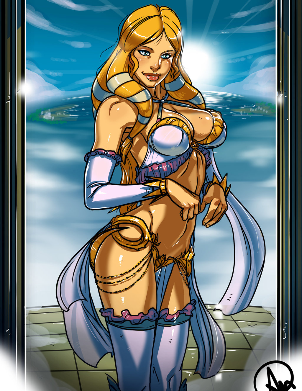 1girl, aphrodite_(smite), artist_name, bare_shoulders, blonde_hair, blue_eyes, breasts, cleavage, ganassa, highres, long_hair, midriff, navel, smite, sun, thigh-highs, upper_body, water