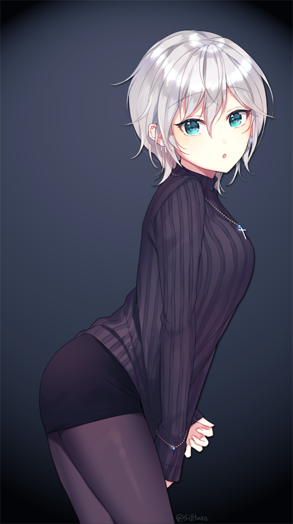 1girl, anastasia_(idolmaster), black_legwear, blue_eyes, breasts, cowboy_shot, cross, cross_necklace