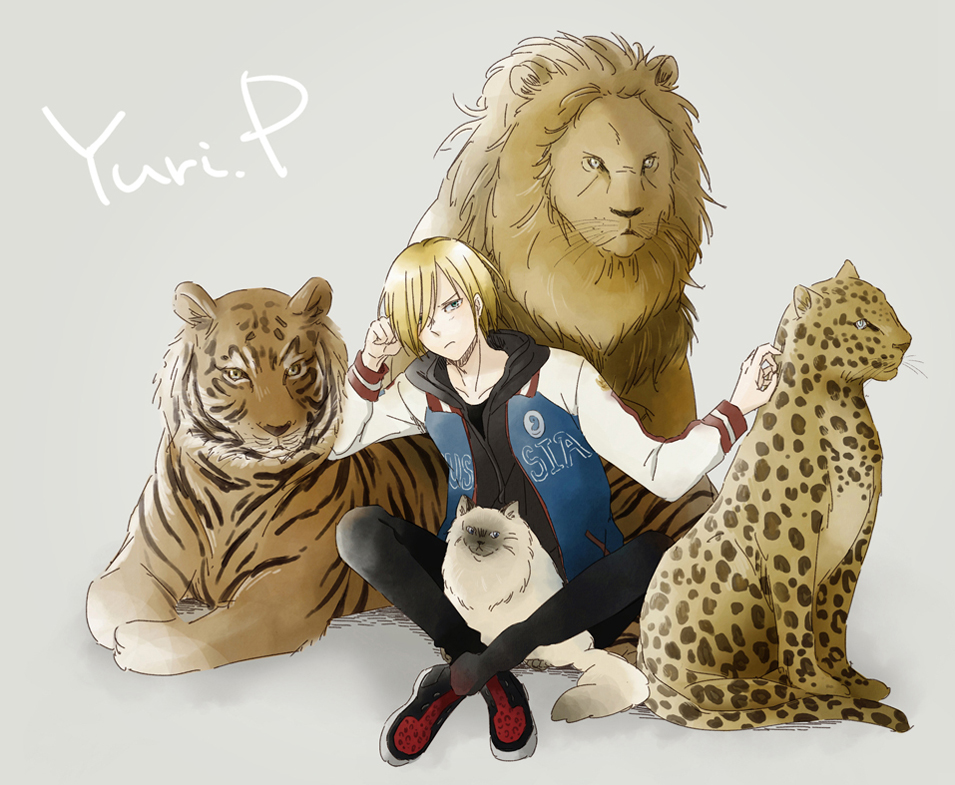 1boy, animal_print, blonde_hair, cat, character_name, green_eyes, hair_over_one_eye, indian_style
