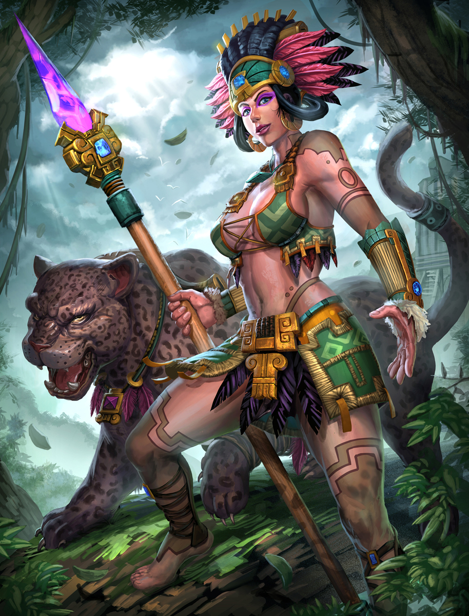 1girl, awilix_(smite), bare_shoulders, barefoot, bird, black_hair, blue_eyes, breasts, brolo, center_opening, cleavage, clouds, cloudy_sky, crown, earrings, feathers, fur_trim, hairlocs, highres, jaguar, jaguar_ears, jaguar_tail, jewelry, leaf, lipstick, makeup, midriff, navel, official_art, polearm, sky, smite, solo, spear, tattoo, teeth, tree, weapon
