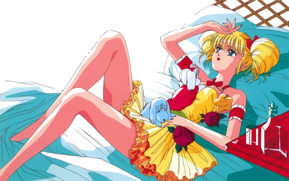 1girl, 80s, arm_garter, bare_legs, blonde_hair, blue_eyes, bow, dog