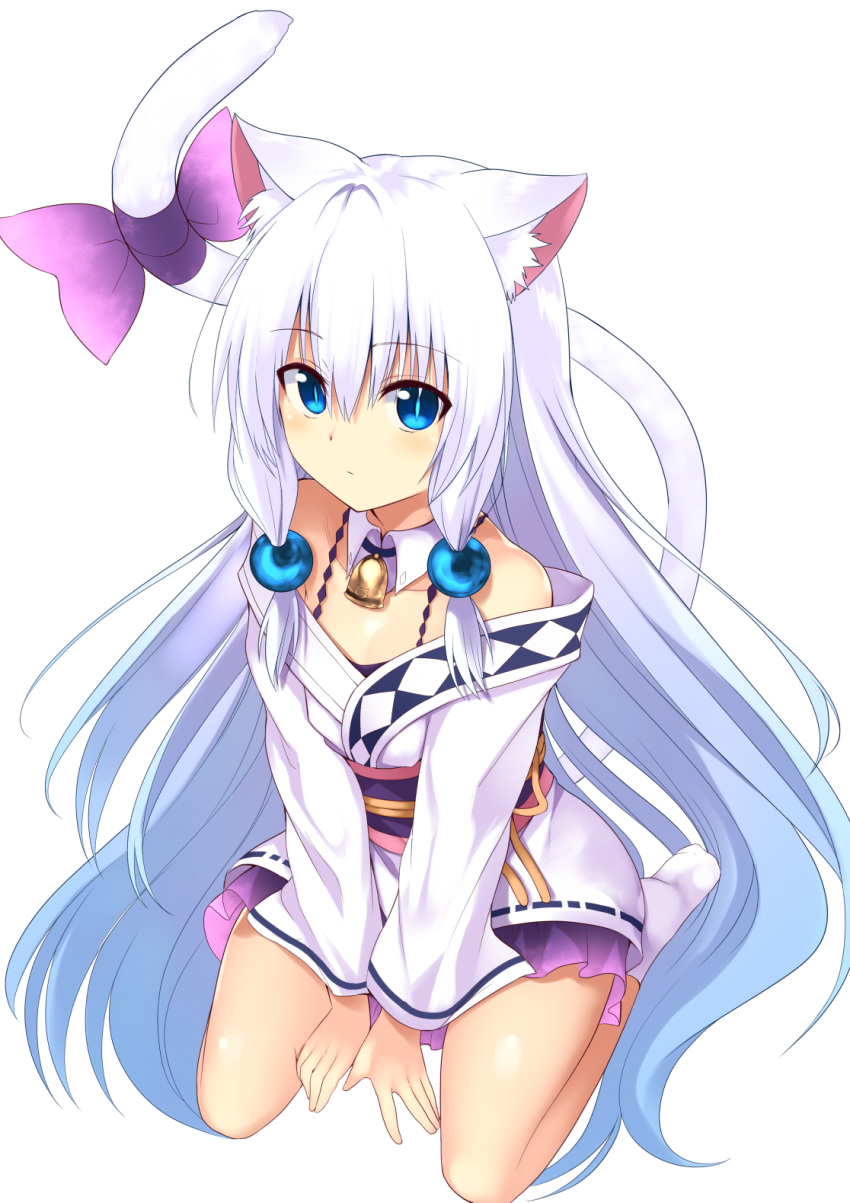 1girl, animal_ears, argyle, bangs, bare_shoulders, beads, bell, bell_collar