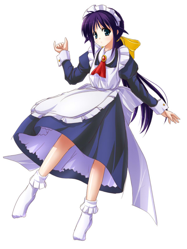 1girl, andou_mahoro, apron, bow, green_eyes, long_hair, long_sleeves, mahoromatic