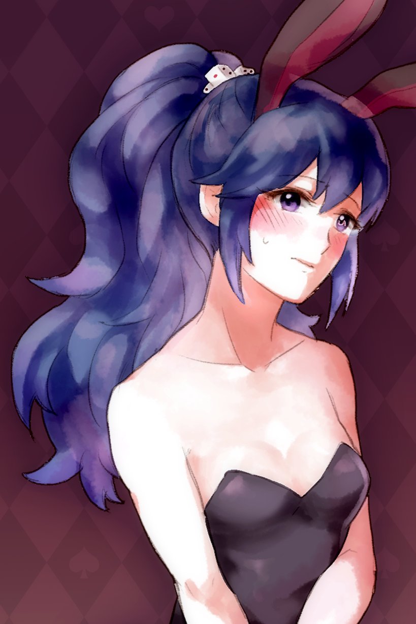 1girl, animal_ears, black_background, blue_eyes, blue_hair, blush, bunnysuit, embarrassed
