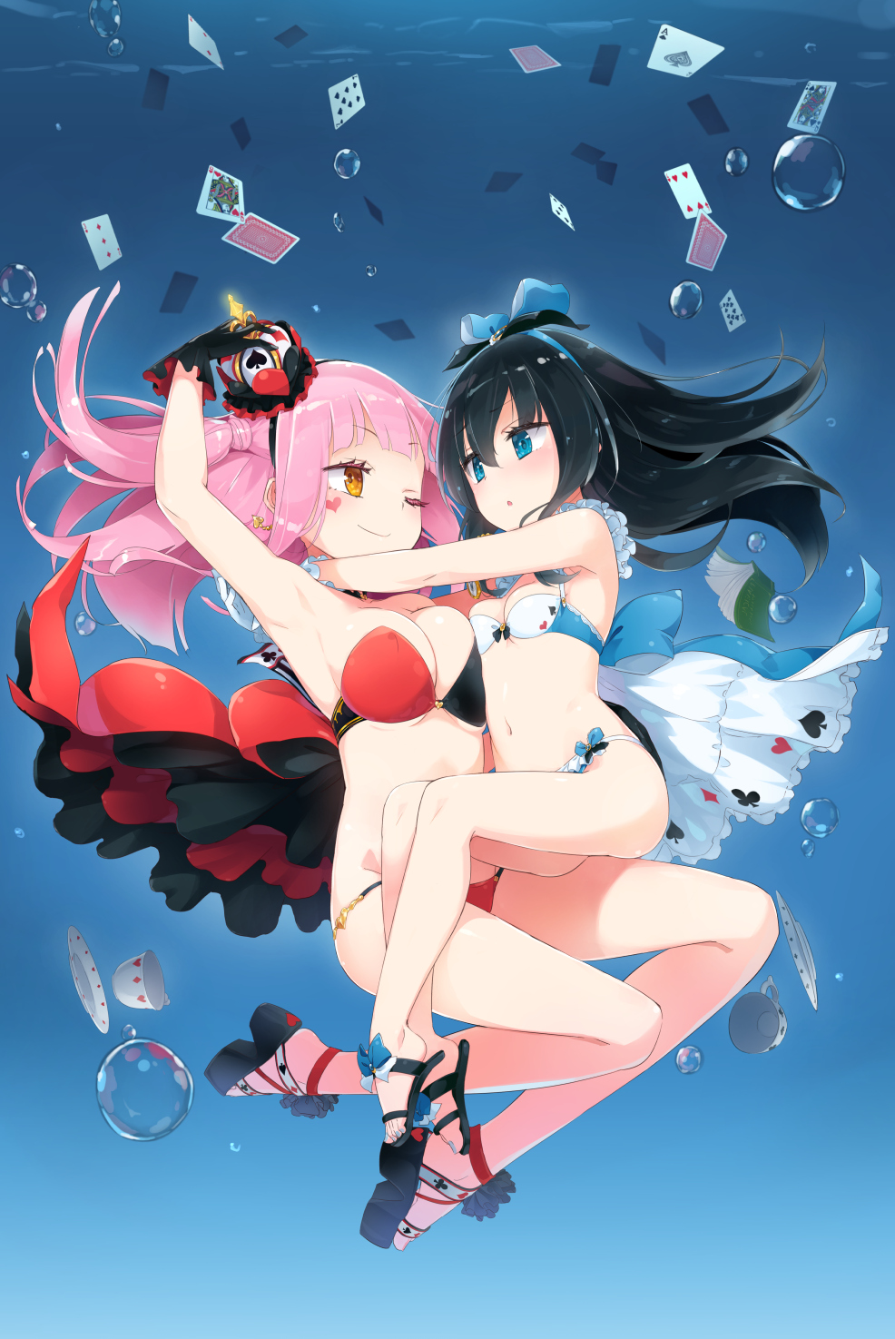 2girls, air_bubble, arm_up, armpits, bangs, bare_legs, bikini, black_gloves