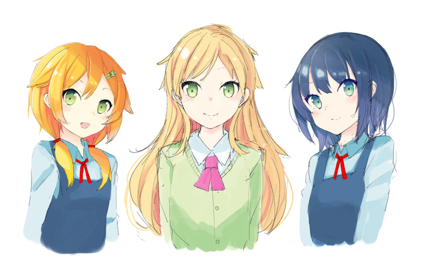 1boy, 2girls, :d, artist_request, black_hair, blonde_hair, blue_eyes, crossdressinging, dress, green_eyes, hair_ornament, hairclip, itsuki_keitarou, kurashiki_botan, long_hair, looking_at_viewer, low_twintails, multiple_girls, ookami_shounen_wa_kyou_mo_uso_wo_kasaneru, open_mouth, school_uniform, short_hair, simple_background, smile, tokujira_aoi, twintails