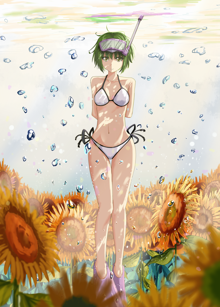 1girl, air_bubble, alua, amanchu!, arms_behind_back, bangs, bikini, breasts