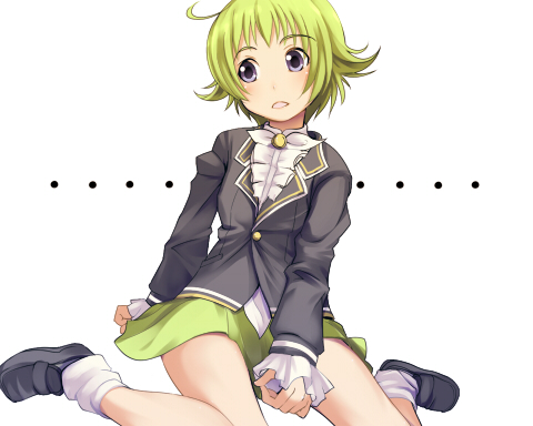 ahoge, capella(sumaga), green_hair, loose_socks, lowres, painpa, school_uniform, short_hair, socks, sumaga, sumaga_special