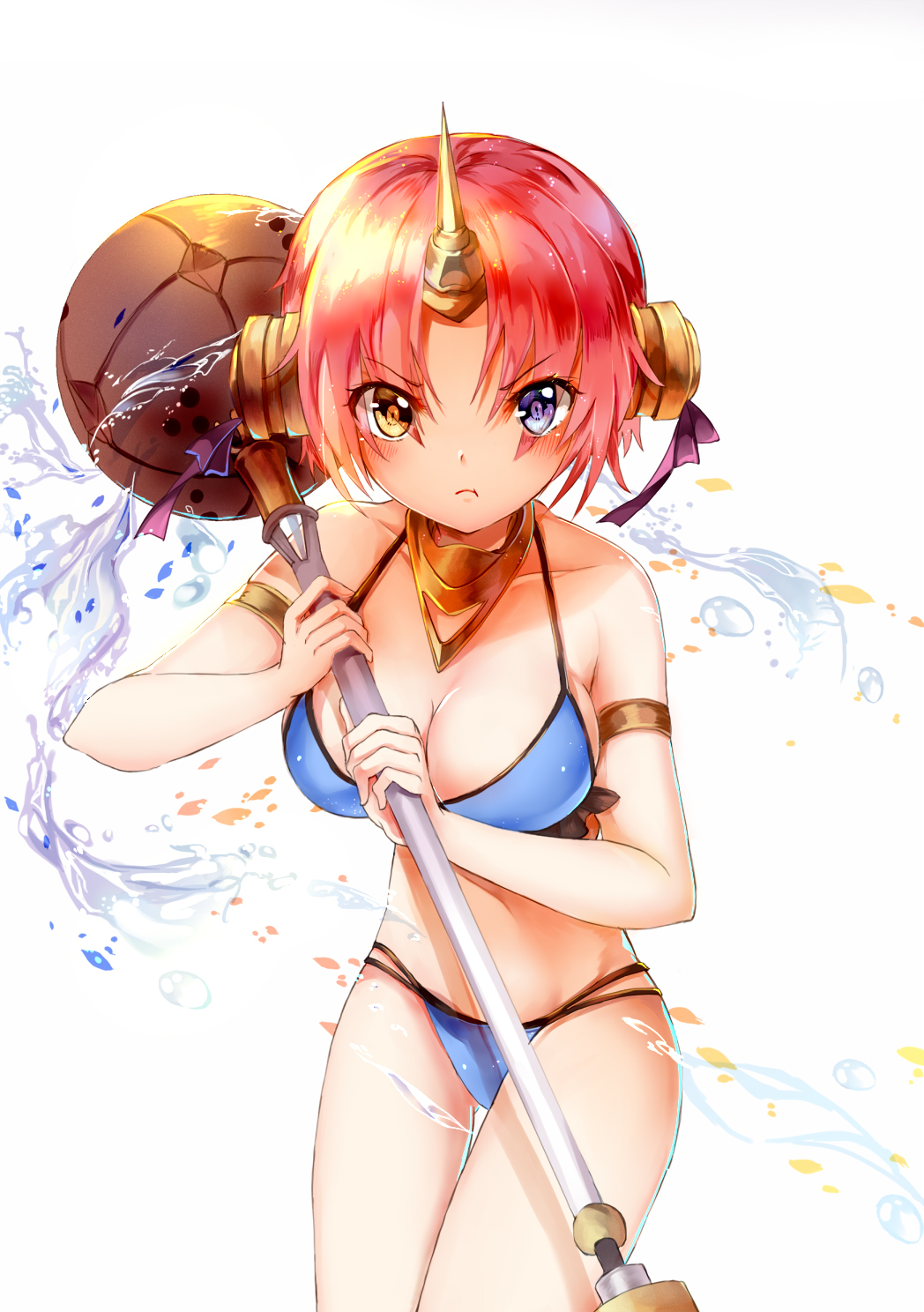 1girl, :t, amicis_(amisic), armlet, bare_legs, bare_shoulders, berserker_of_black, bikini