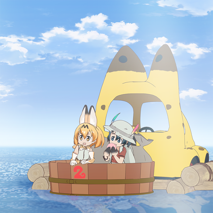 >:d, 10s, 2girls, :d, animal_ears, black_hair, blonde_hair, bow