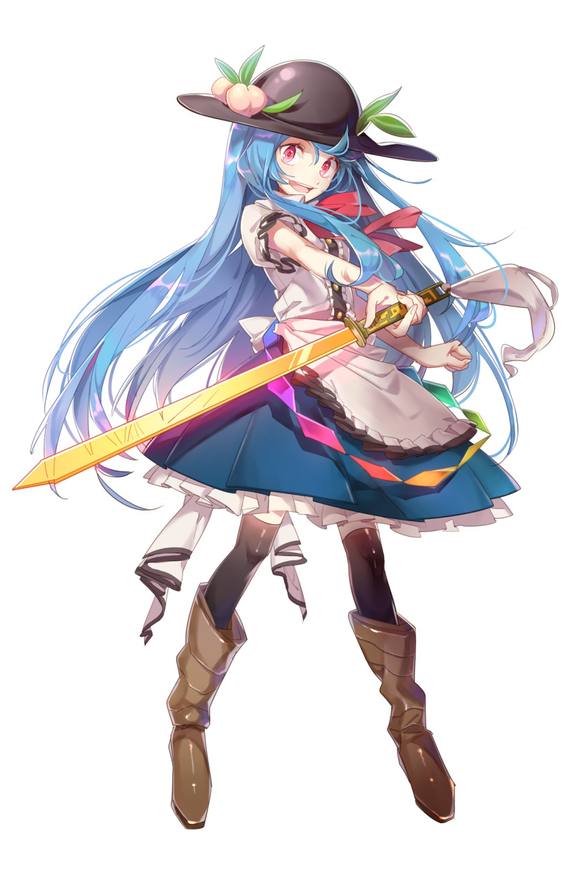 1girl, aibivy, apron, black_hat, black_legwear, blouse, blue_hair, blue_skirt