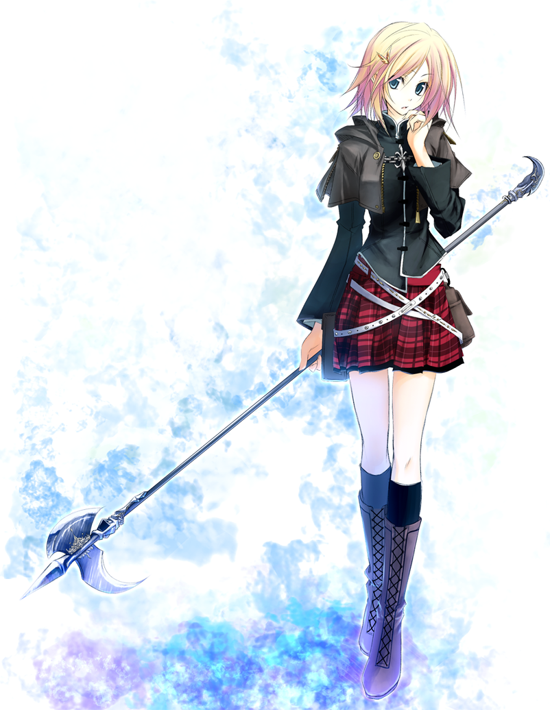 belt, blonde_hair, blue_eyes, boots, green_eyes, hair_ornament, hairpin, halberd