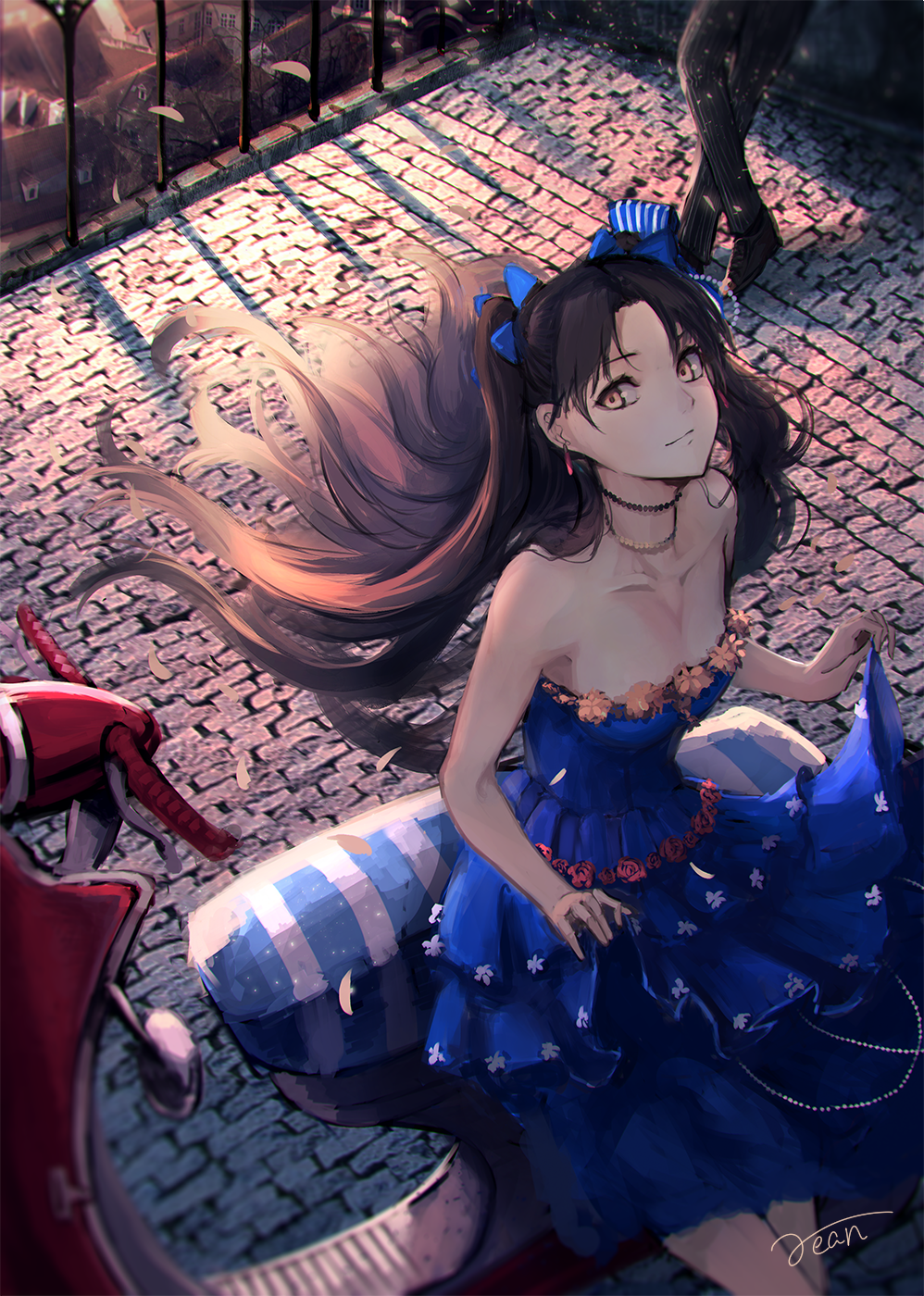 1girl, artist_name, bangs, bare_shoulders, blue_bow, blue_dress, bow, breasts, brown_eyes, closed_mouth, collarbone, dress, evening, fate/grand_order, fate_(series), floating_hair, ground_vehicle, hair_bow, highres, holding, holding_dress, ishtar_(fate/grand_order), legs_crossed, long_hair, looking_at_viewer, motor_vehicle, out_of_frame, outdoors, parted_bangs, rean_(r_ean), scooter, signature, sitting, small_breasts, smile, solo_focus, standing, tohsaka_rin, town, two_side_up, wind