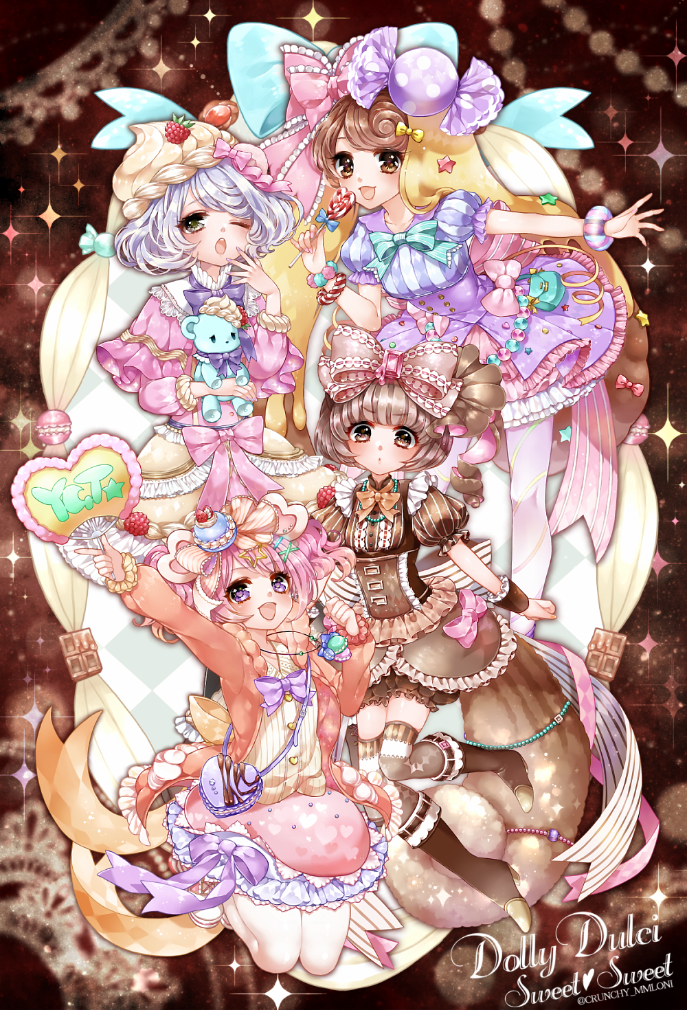 4girls, :d, argyle, argyle_background, arm_up, bag, bangle, bangs, beige_shirt, beige_skirt, black_eyes, black_legwear, blue_bow, blush, boots, bow, bowtie, bracelet, brown_background, brown_boots, brown_bow, brown_bowtie, brown_eyes, brown_hair, brown_legwear, brown_shirt, brown_skirt, candy, candy_lapin_(show_by_rock!!), capelet, chino_machiko, chokyuruiyu_(show_by_rock!!), clenched_hand, cookie, corset, cream_teddy_(show_by_rock!!), dress, english, eyebrows_visible_through_hair, fan, food, food_themed_hair_ornament, frilled_bow, frilled_sleeves, frills, fruit, group_name, hair_bow, hair_ornament, handbag, hat, head_tilt, heart, heart-shaped_pupils, heart_print, high_heels, highres, holding, holding_fan, holding_food, holding_stuffed_animal, index_finger_raised, jacket, jewelry, lace, lavender_hair, leaning_forward, leg_up, legs_up, lollipop, long_sleeves, looking_at_viewer, macaron, multiple_girls, nail_polish, necklace, one_eye_closed, open_clothes, open_jacket, open_mouth, outstretched_arm, pantyhose, pig_macaron_(show_by_rock!!), pink_bow, pink_hair, pink_jacket, pink_shirt, puckered_lips, puffy_short_sleeves, puffy_sleeves, purple_bow, purple_bowtie, purple_nails, raspberry, shirt, shoes, short_hair, short_sleeves, show_by_rock!!, skirt, smile, sparkle, squirrel_tail, star, star_hair_ornament, strawberry, striped, striped_bow, stuffed_animal, stuffed_toy, swept_bangs, symbol-shaped_pupils, tail, teddy_bear, thigh-highs, twintails, twitter_username, violet_eyes, whipped_cream, white_legwear, wrapped_candy, wrist_cuffs, yawning