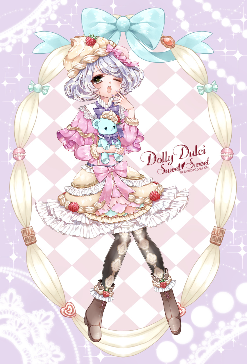 1girl, argyle, argyle_background, bangs, beige_skirt, black_eyes, black_legwear, blue_bow, blush, boots, bow, bowtie, brown_boots, candy, capelet, chino_machiko, cream_teddy_(show_by_rock!!), english, food, fruit, full_body, group_name, hat, heart, highres, holding, holding_stuffed_animal, lace, lavender_hair, long_sleeves, macaron, nail_polish, one_eye_closed, open_mouth, pantyhose, pink_shirt, purple_background, purple_bow, purple_bowtie, purple_nails, raspberry, shirt, short_hair, show_by_rock!!, solo, sparkle, stuffed_animal, stuffed_toy, swept_bangs, teddy_bear, twitter_username, whipped_cream, wrapped_candy, yawning