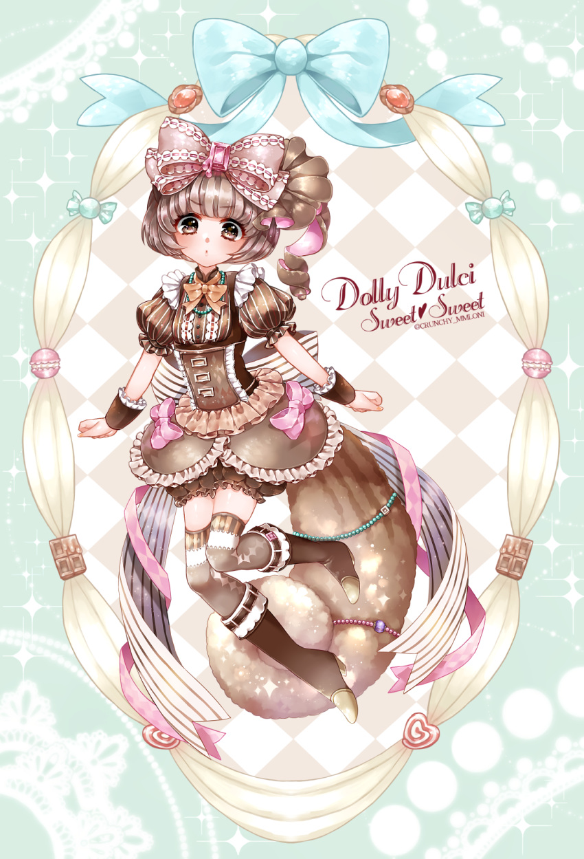 1girl, argyle, argyle_background, blue_bow, blush, boots, bow, bowtie, brown_boots, brown_bow, brown_bowtie, brown_eyes, brown_hair, brown_legwear, brown_shirt, brown_skirt, candy, chino_machiko, chokyuruiyu_(show_by_rock!!), clenched_hands, corset, english, eyebrows_visible_through_hair, food, full_body, group_name, hair_bow, head_tilt, heart, high_heels, highres, lace, leg_up, looking_at_viewer, macaron, pink_bow, puckered_lips, puffy_short_sleeves, puffy_sleeves, shirt, short_hair, short_sleeves, show_by_rock!!, skirt, solo, sparkle, squirrel_tail, striped, striped_bow, tail, thigh-highs, twitter_username, wrapped_candy, wrist_cuffs