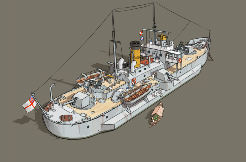6+boys, boat, cannon, gunboat, highres, mikoyan, military, military_vehicle, multiple_boys, original, river, sampan, ship, turret, union_jack, warship, water, watercraft
