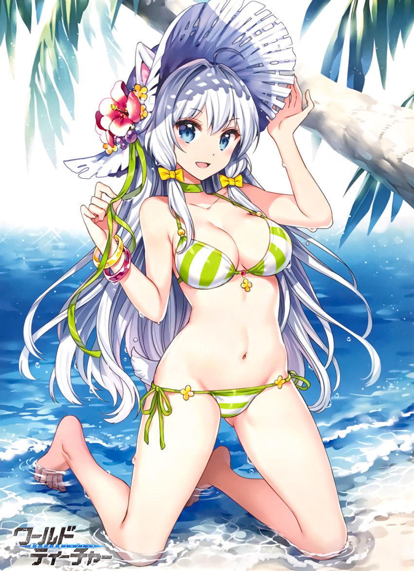 1girl, ahoge, animal_ears, bare_legs, barefoot, beach, bikini, blue_eyes